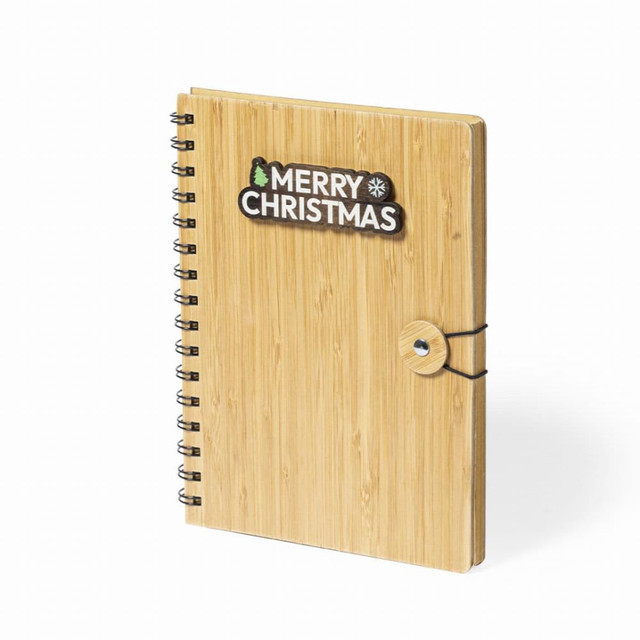 A bamboo notebook with a spiral binding and a decorative logo, featuring a festive design. A bamboo notebook with a spiral binding and a decorative logo, featuring a festive design.