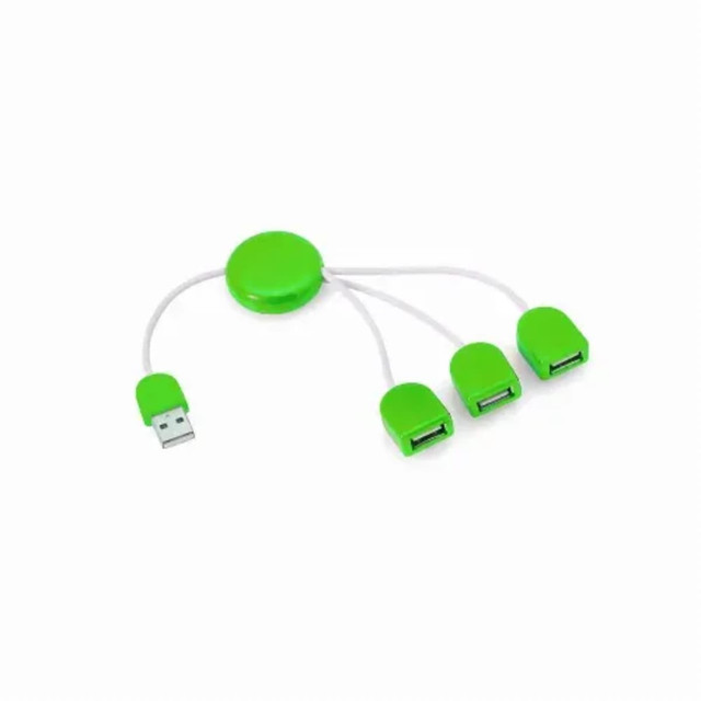A green USB hub featuring a circular connector with three additional green USB ports. A green USB hub featuring a circular connector with three additional green USB ports.