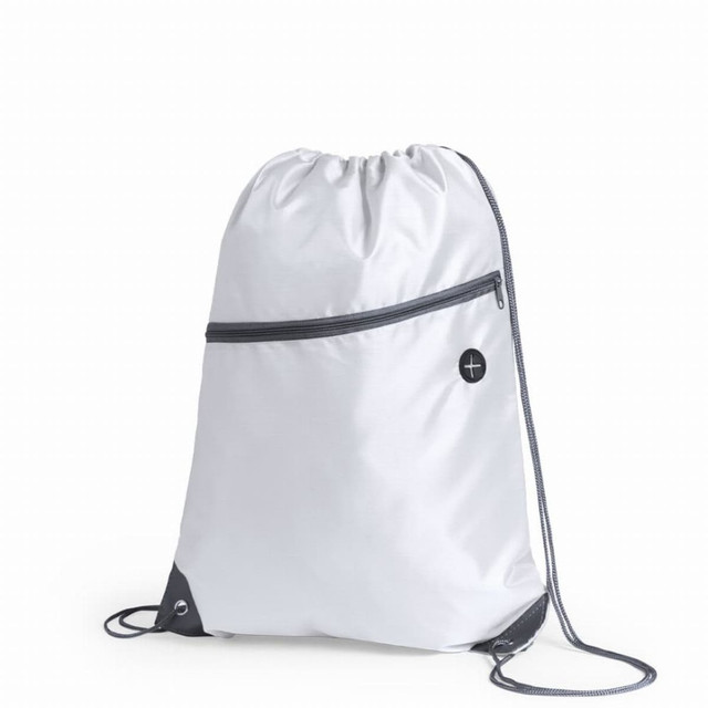 A drawstring backpack in white with a grey zippered front pocket and grey cord straps. Features a logo on the front.
