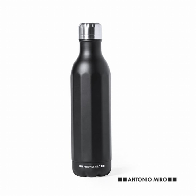 A drink bottle in matte black with a silver cap and a textured design, featuring a logo at the base. A drink bottle in matte black with a silver cap and a textured design, featuring a logo at the base.