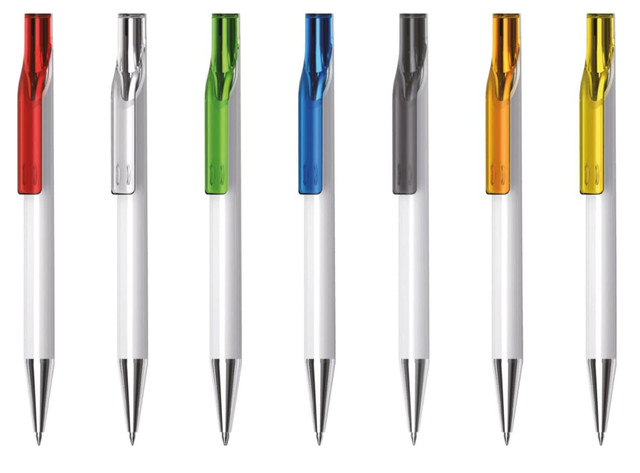 A collection of six plastic pens with solid white barrels and coloured transparent tops in red, green, blue, grey, and orange. A collection of six plastic pens with solid white barrels and coloured transparent tops in red, green, blue, grey, and orange.