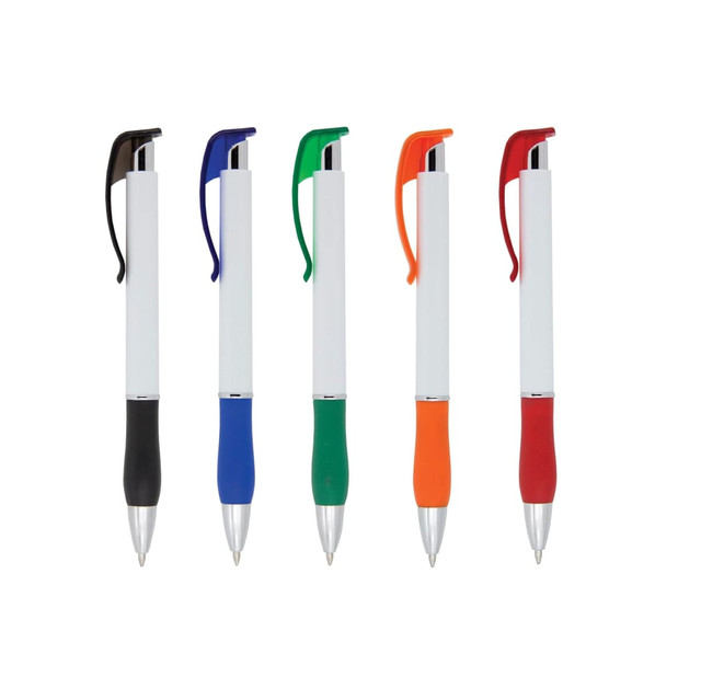 A range of Plastic pen push button Tasman pens in black, blue, green, orange, and red, featuring a logo on the body. A range of Plastic pen push button Tasman pens in black, blue, green, orange, and red, featuring a logo on the body.