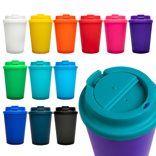 A collection of reusable coffee cups in various colors, featuring a comfort lid and a logo on some cups. A collection of reusable coffee cups in various colors, featuring a comfort lid and a logo on some cups.