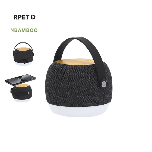 A portable speaker in black fabric with a bamboo top and a white base, featuring a handle for easy carrying. A portable speaker in black fabric with a bamboo top and a white base, featuring a handle for easy carrying.