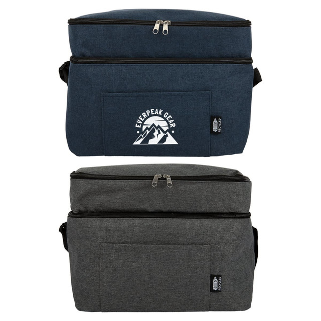 A navy blue and grey cooler bag with a top zipper, featuring a front pocket and a logo. A navy blue and grey cooler bag with a top zipper, featuring a front pocket and a logo.