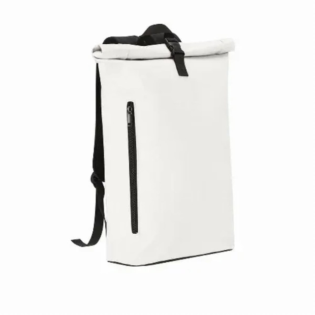 A white backpack with a roll-top design, featuring a side zip pocket and black straps. It has a branding logo.