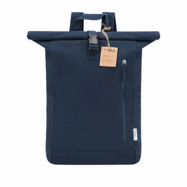 A navy backpack with a roll-top closure, side zip pocket, and a tag, featuring a stylish minimalist design.