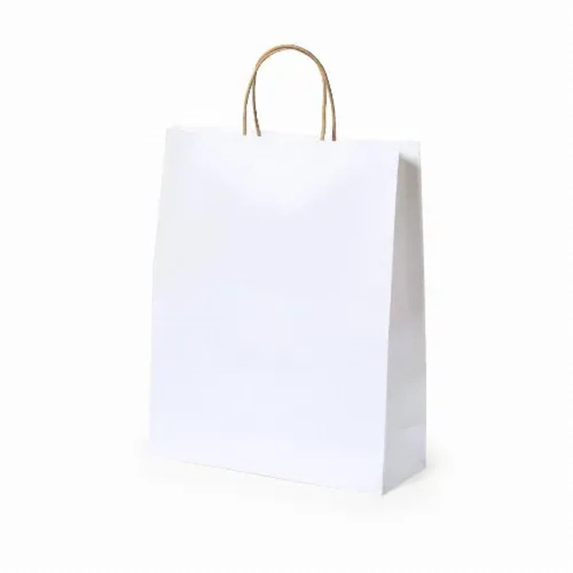 A white recycled paper bag with brown handles, featuring a simple design and a logo.
