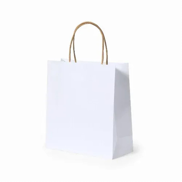 A white recycled paper bag with brown handles, featuring a simple design and a logo. A white recycled paper bag with brown handles, featuring a simple design and a logo.