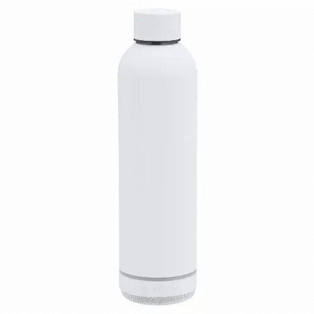 A drink bottle in white, featuring a built-in speaker at the bottom. The bottle has a smooth design and a branding logo. A drink bottle in white, featuring a built-in speaker at the bottom. The bottle has a smooth design and a branding logo.