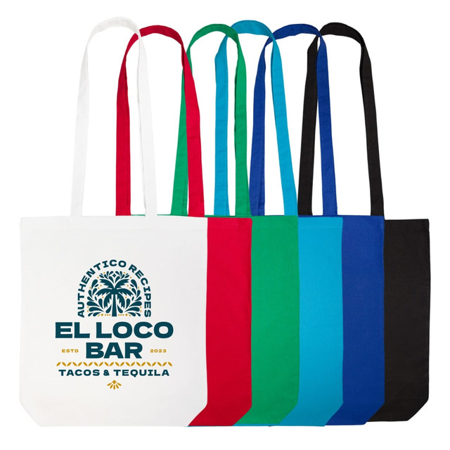 A collection of coloured cotton long handle bags in white, red, green, blue, and black, featuring a logo on one bag.