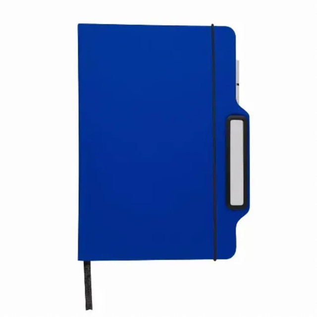 A blue notepad with a phone holder and an integrated pen, featuring a sleek design and a logo on the cover. A blue notepad with a phone holder and an integrated pen, featuring a sleek design and a logo on the cover.