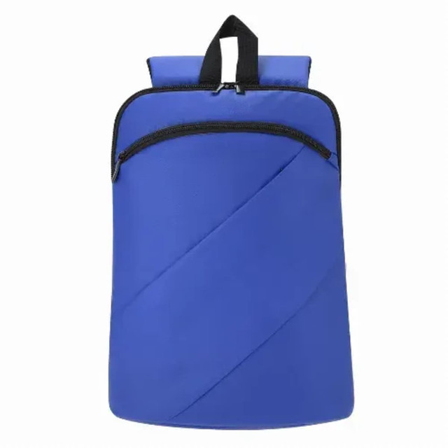 A blue backpack with a diagonal quilted design and a zippered front pocket, featuring a black handle on top.