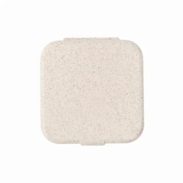 A square, light cream paper clip holder with a lid, featuring a logo on the surface. A square, light cream paper clip holder with a lid, featuring a logo on the surface.