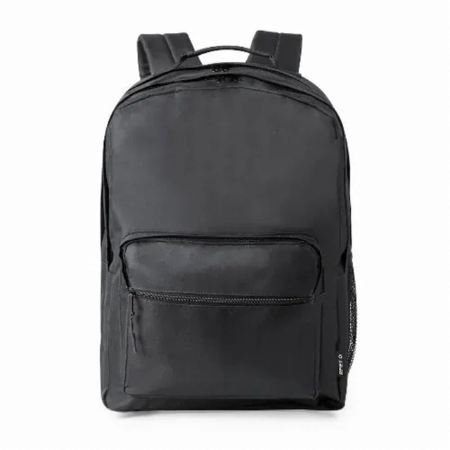 A black backpack with two shoulder straps and a front pocket, featuring a logo on the side.
