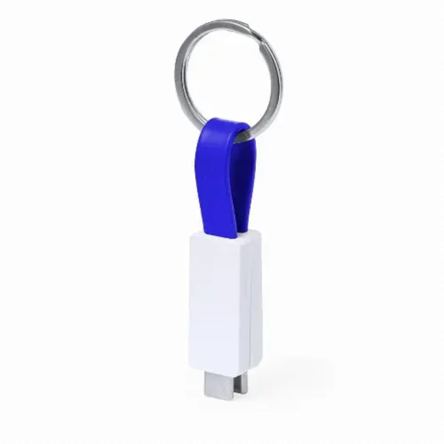 A white charging cable with a blue accent, attached to a metal keyring.