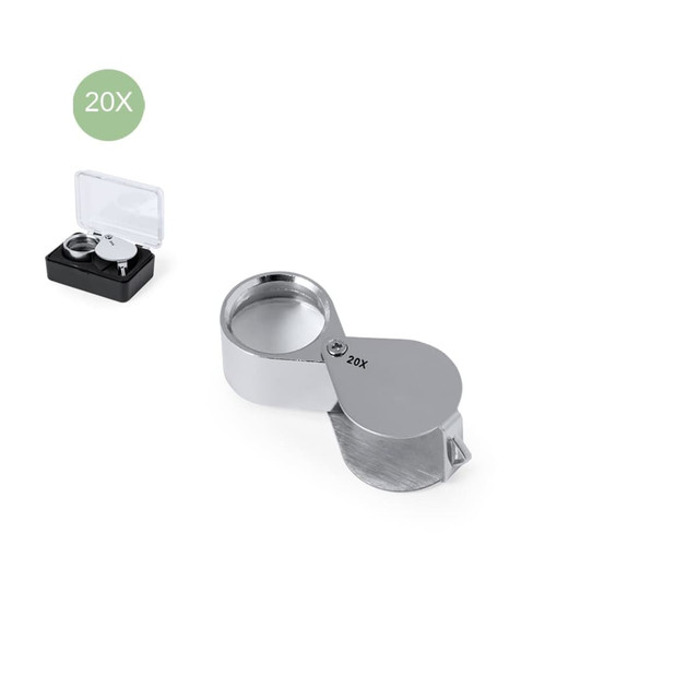 A silver magnifier with a 20X magnification, displayed beside a black case. Includes a circular lens for viewing. A silver magnifier with a 20X magnification, displayed beside a black case. Includes a circular lens for viewing.