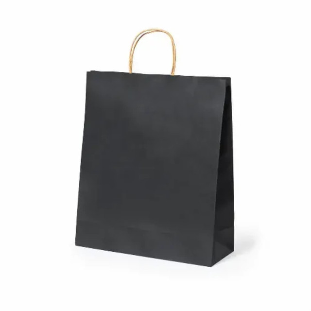 A black paper bag made from recycled paper with a gold handle and a sleek, minimalist design.