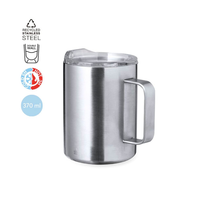 A drink mug made of recycled stainless steel with a silver finish, featuring a transparent lid and an integrated handle. A drink mug made of recycled stainless steel with a silver finish, featuring a transparent lid and an integrated handle.