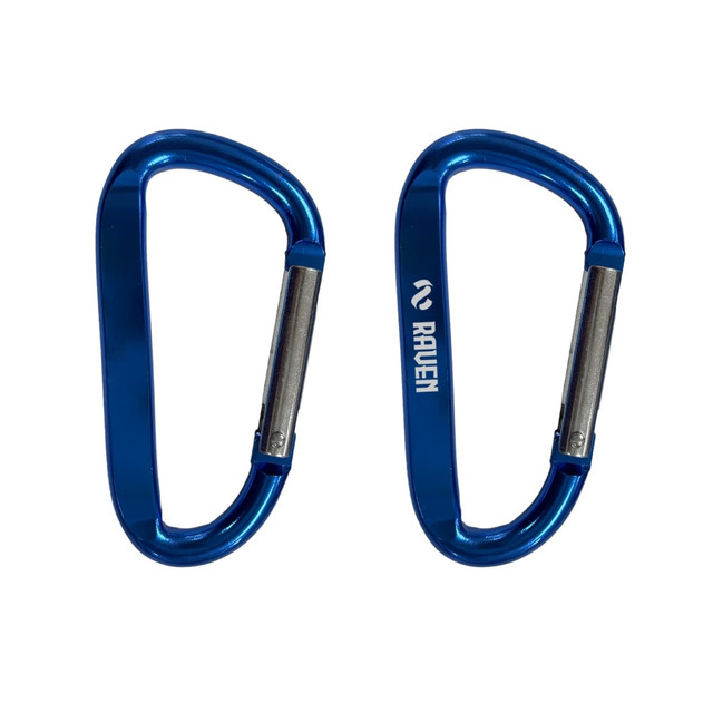 Two blue 8cm carabiners with a silver latch, featuring a logo on one side.
