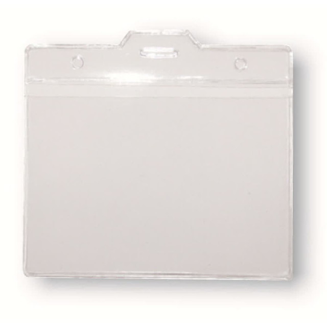 A clear PVC card holder with a top slot for attachment and rounded corners. A clear PVC card holder with a top slot for attachment and rounded corners.