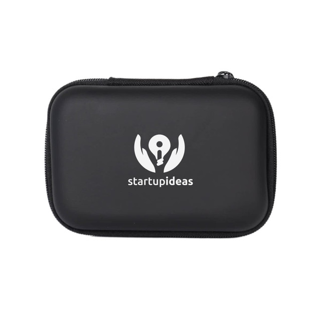 A black medium zipper case with a logo on the front, featuring a smooth surface and a zip closure.