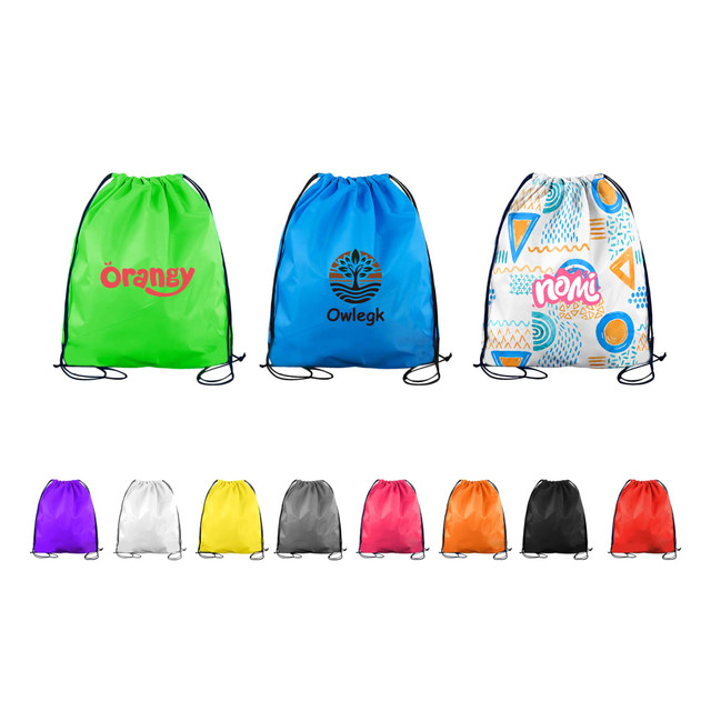 A variety of drawstring bags in green, purple, yellow, silver, black, and orange, featuring different designs and logos.