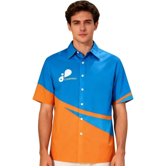 A men's short-sleeve shirt in blue and orange with a logo on the front. It features a button-up design.