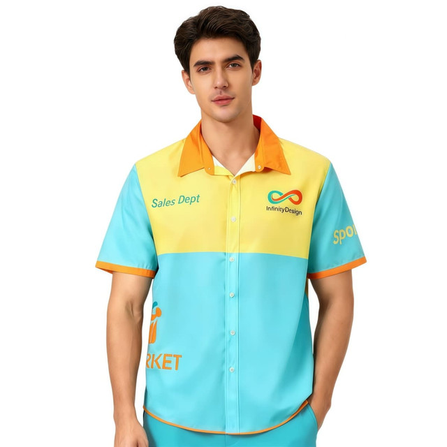 A men's button-up shirt featuring a bright blue and yellow design with an orange collar and logo embellishments.