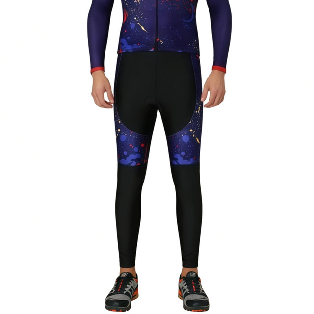 Men's sublimated cycling tights in a combination of black and a cosmic pattern with purple accents, featuring a logo.