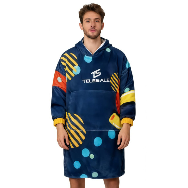 A unisex wearable blanket in navy blue with colourful patterns, featuring an absorbent lining and a hood.