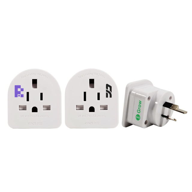 A set of white travel adapters featuring multiple plug types, designed for use in Australasia.