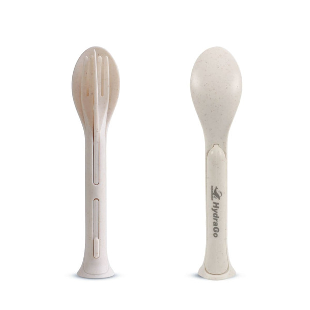 A 3-in-1 portable utensils set in light beige, including a fork, knife, and spoon with a branding logo.