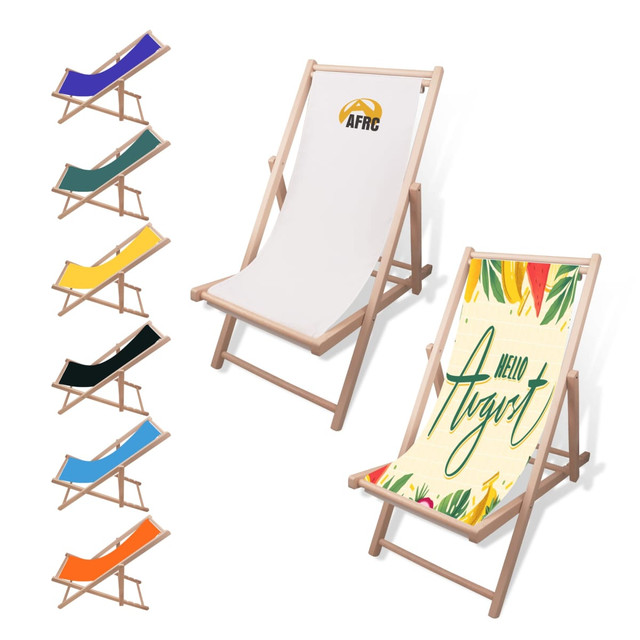 A beech frame beach chair in various colours, featuring a white and a patterned fabric seat. Both chairs have branding.