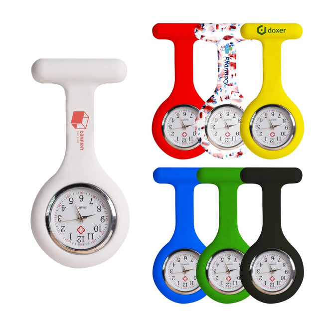 A collection of silicone nurse watches in white, red, blue, green, black, and a patterned design, featuring a circular watch face and branding.