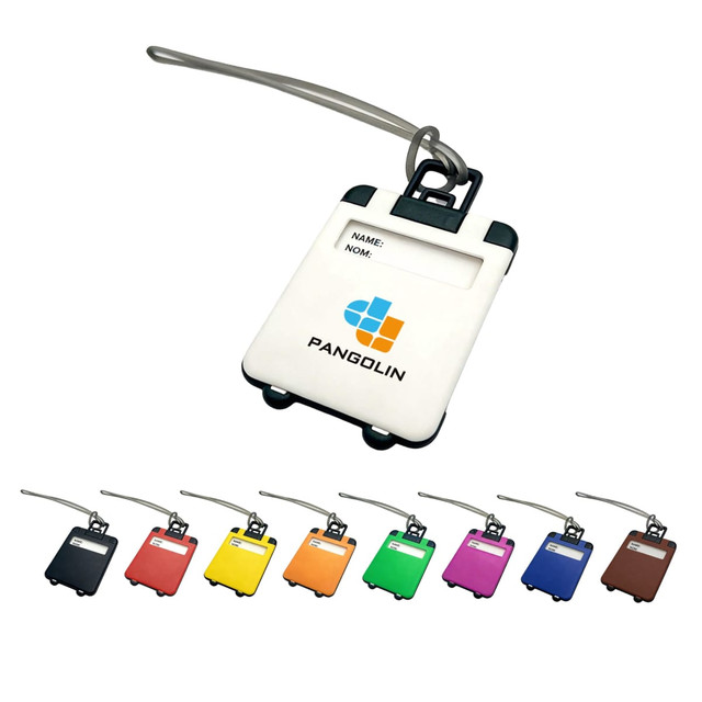 A white ABS luggage tag with a clear name slot and a branding logo, available in various colours.