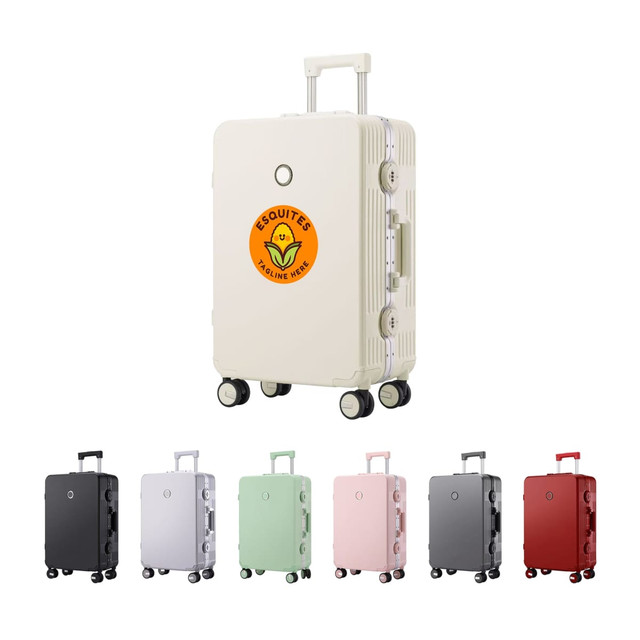 A ribbed ABS suitcase in cream with a logo, displayed alongside options in black, silver, pink, green, and red.