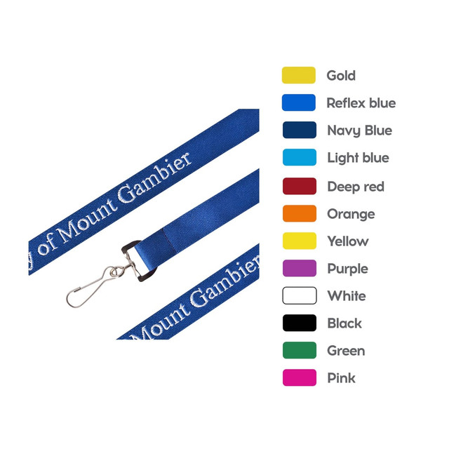 A woven lanyard in navy blue with a clip, alongside a colour guide featuring various options.