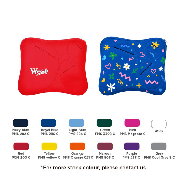A red and blue multi pouch laptop bag with colourful patterns, featuring a logo on the red side.