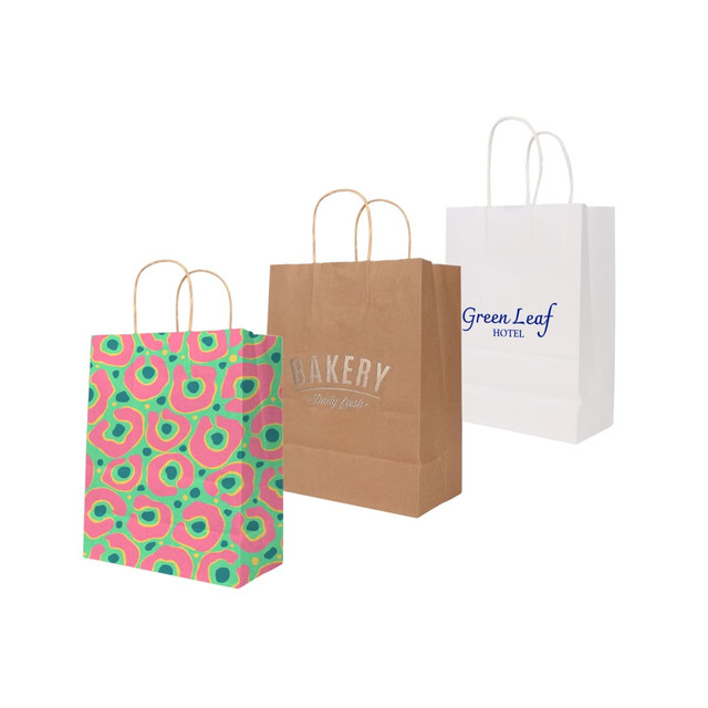 A selection of kraft paper bags in various designs and colours, featuring twisted handles and logos.