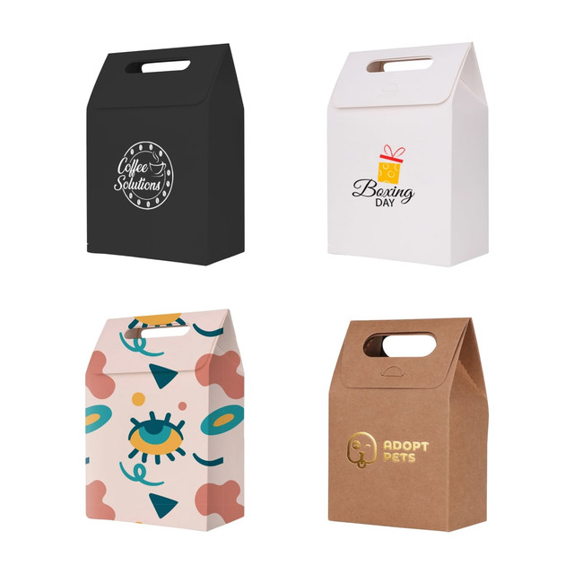 Die cut handle bags in various colours: black, white, pink, and brown, featuring different designs and logos.