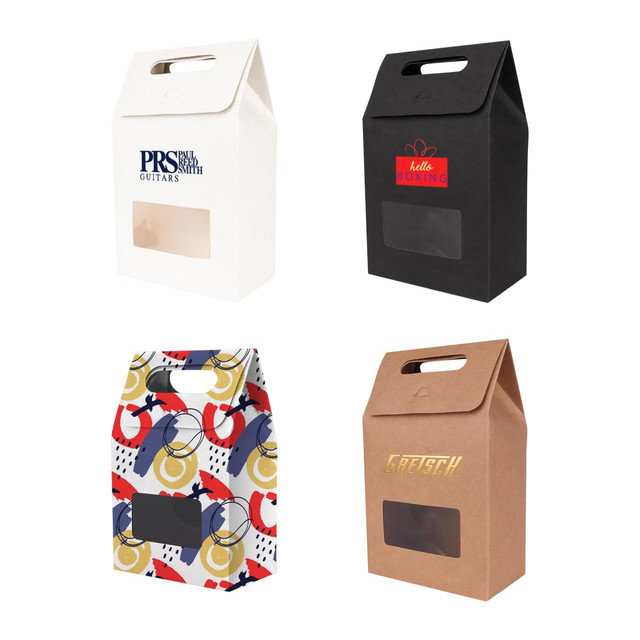 Four die cut handle bags with window in white, black, and patterned designs, showcasing various styles and branding.