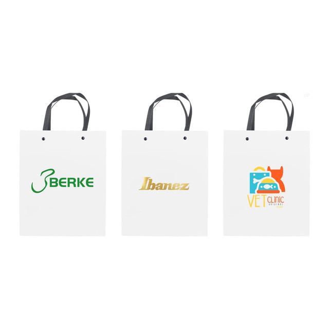 Knitted handle bags in white, featuring three different logos in green, gold, and colour print.