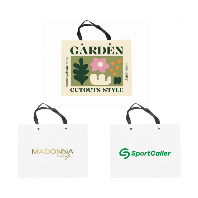A cream knitted handle bag with black handles, featuring floral graphics and branding in various colours.