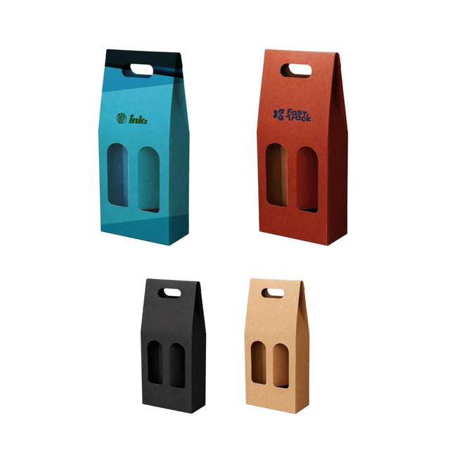 A portable wine box display featuring four designs in blue, brown, black, and kraft paper, each with a logo.