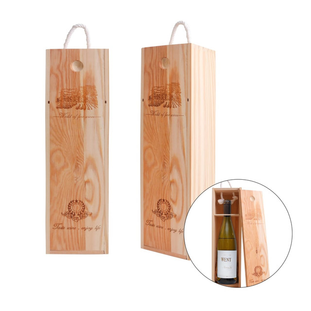 A wooden wine box in natural finish with a rope handle, designed to hold a single bottle. Contains a logo.