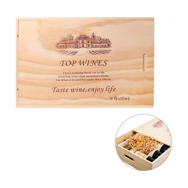 A wooden wine gift box for six bottles, featuring a natural wood finish and an illustrated design. Contains decorative filler.