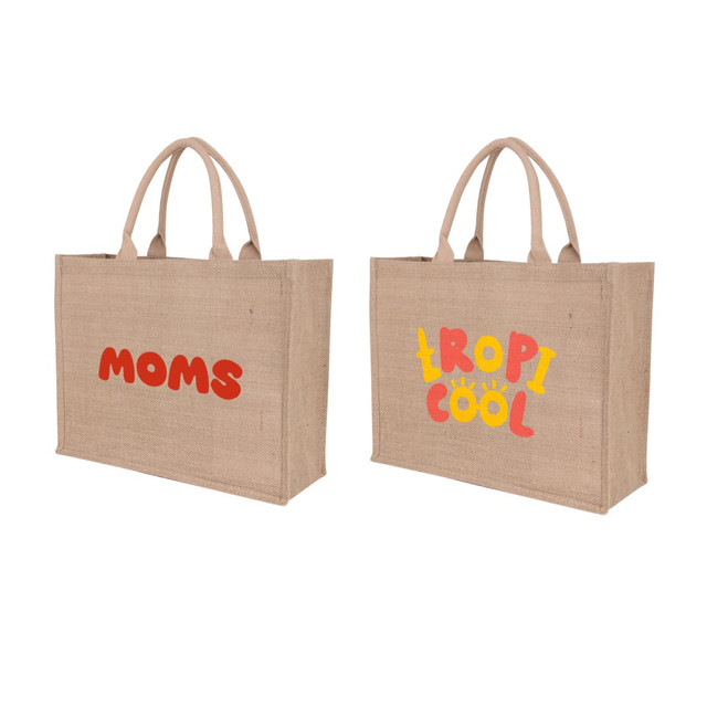 Natural jute tote bag in beige, featuring a logo on one side and bold, colourful text on the other.