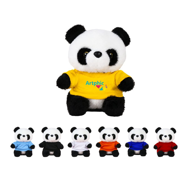A plush toy panda in a yellow shirt with a logo, surrounded by smaller panda toys in various shirt colours: black, white, red, blue, and orange.