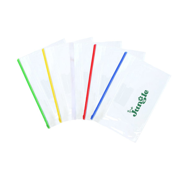 A collection of transparent A4 file bags in clear, with coloured tops in green, yellow, red, and blue. One bag features a logo.